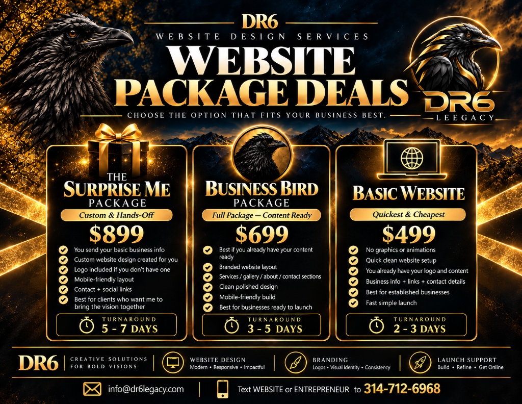 DR6 Legacy Website Package Deals ($899 Surprise Me, $699 Business Bird, $499 Basic Website)
